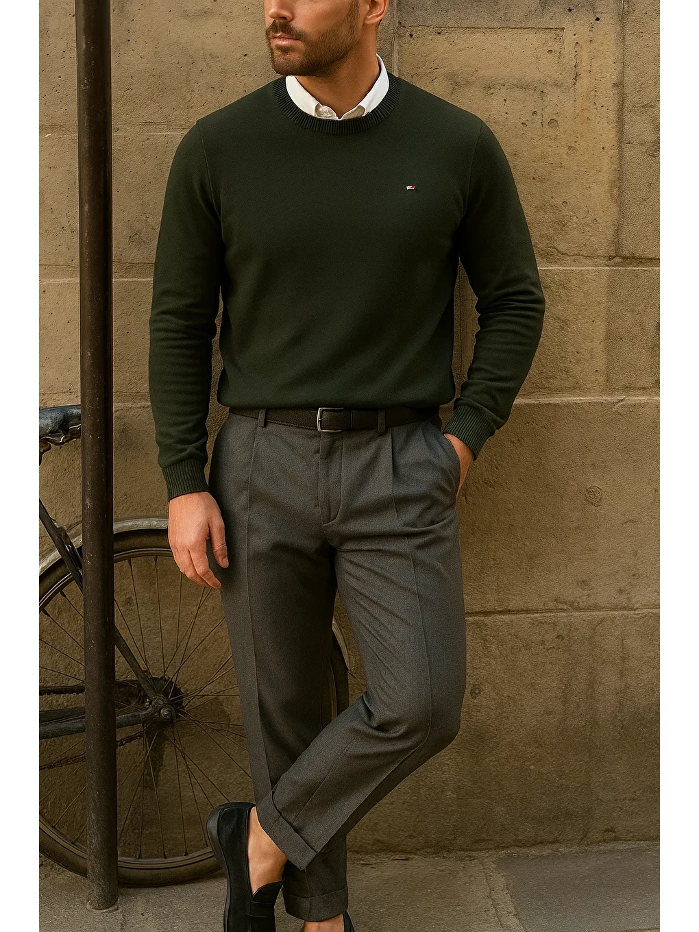 Erkek Bisiklet Yaka Slim Fit Haki Kazak-2
