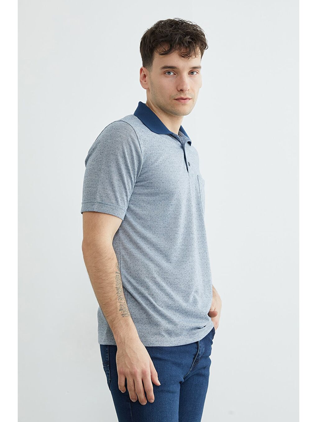 Lacivert Desenli Düğmeli Polo Yaka Tek Cepli Tişört-3