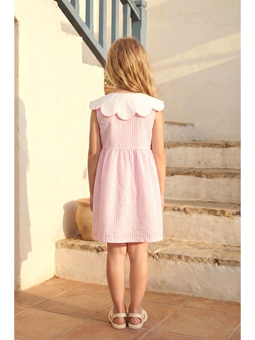 Kız Çocuk Pamuklu Pembe Çizgili Tavşan Nakışlı Yakalı Elbise-2