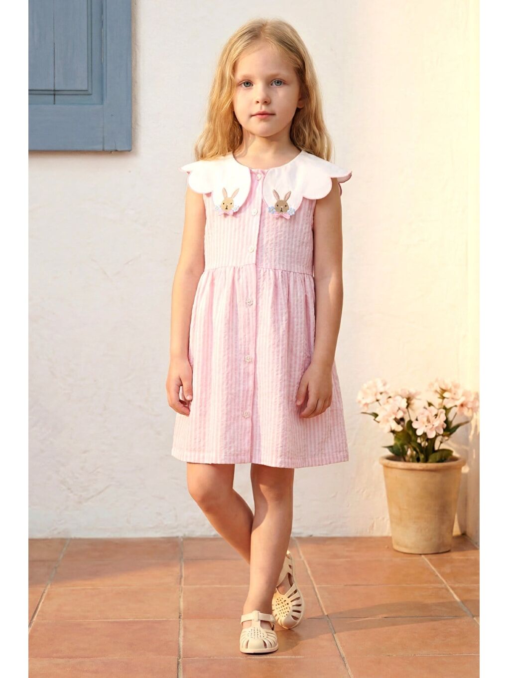 Kız Çocuk Pamuklu Pembe Çizgili Tavşan Nakışlı Yakalı Elbise-3