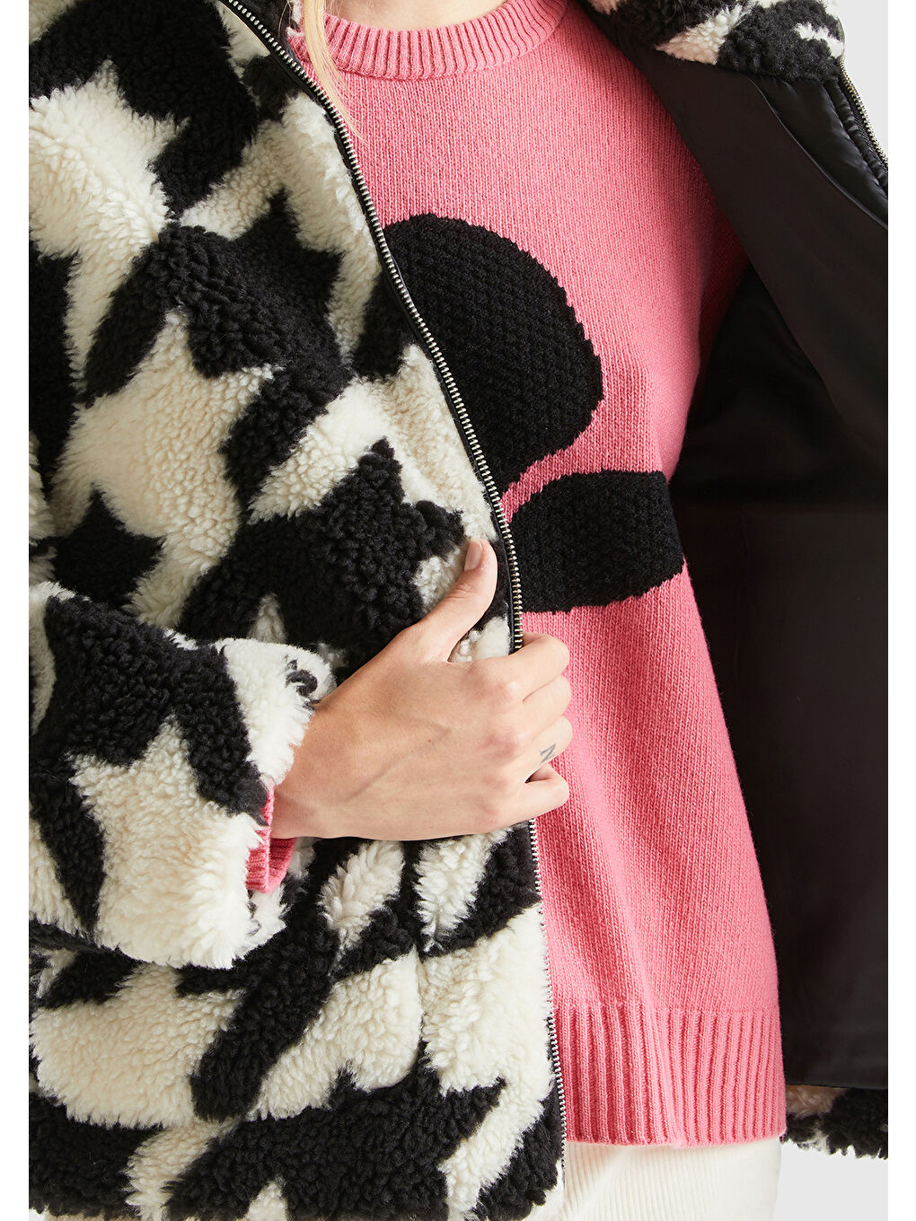Kadın Siyah Beyaz Kazayağı Teddy Ceket-5