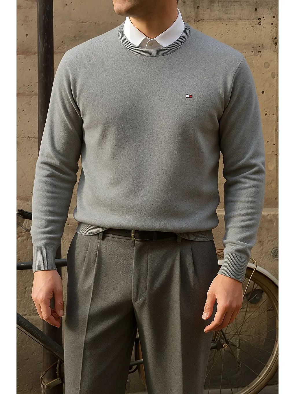 Erkek Bisiklet Yaka Slim Fit Gri Kazak