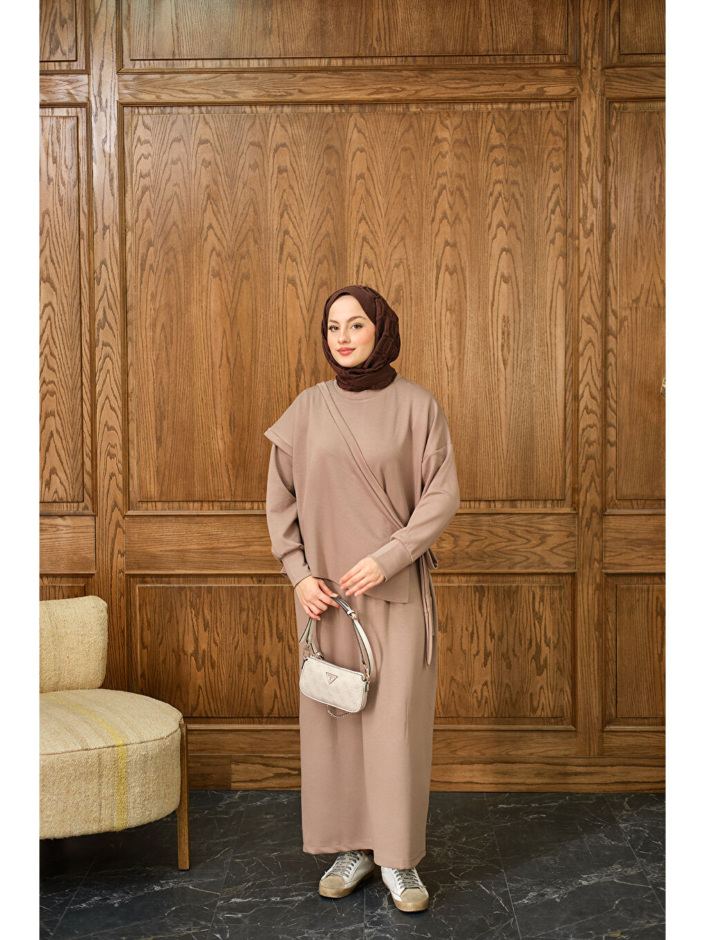 Bej Kadın Parça Bağlamalı Elbise Vizon-1