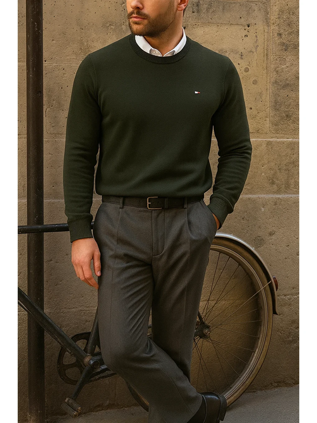 Erkek Bisiklet Yaka Slim Fit Haki Kazak-3