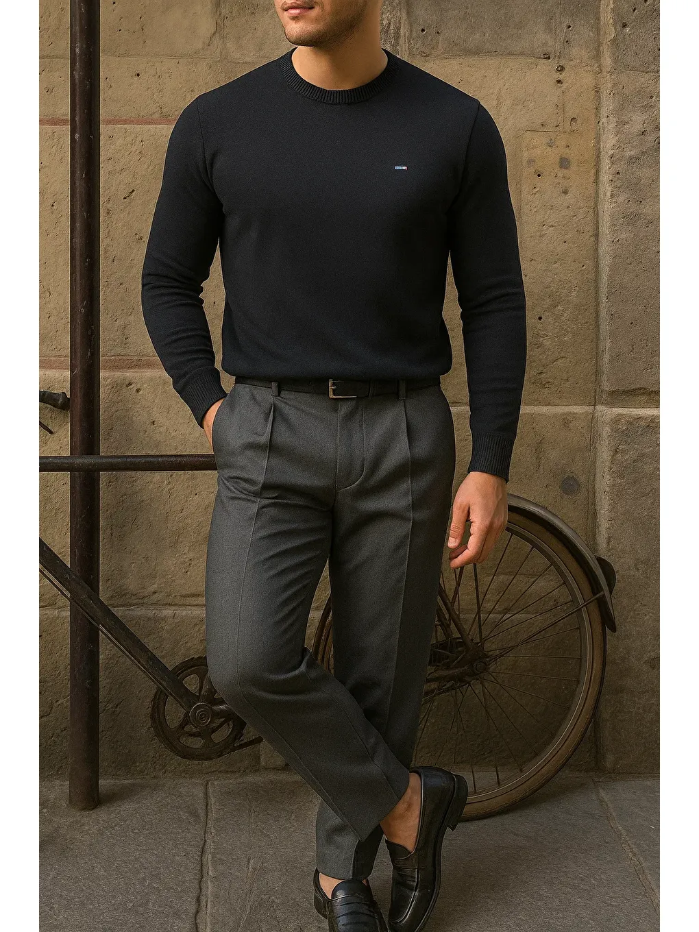 Gri Erkek Bisiklet Yaka Slim Fit Füme Kazak-2