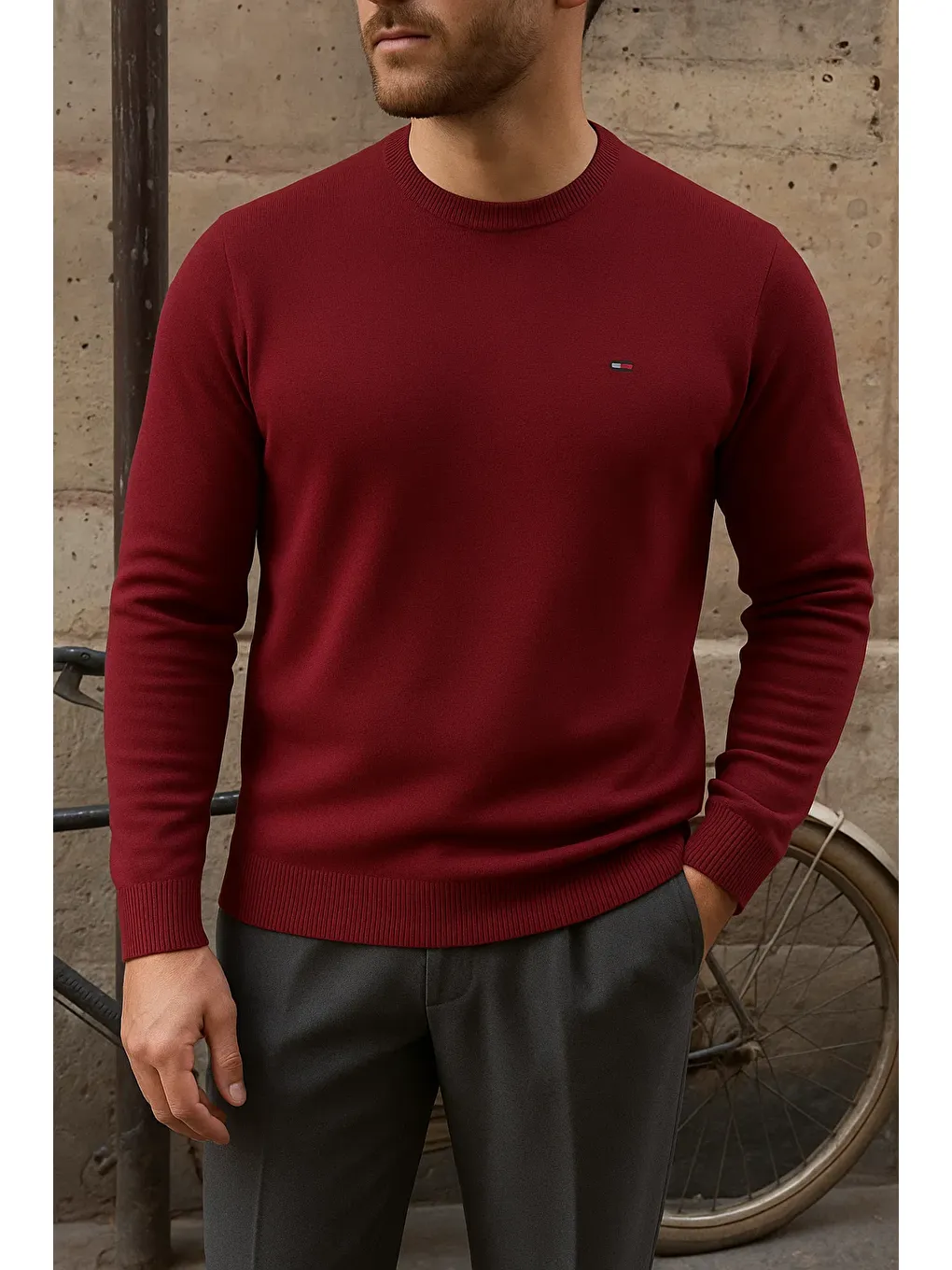 Erkek Bisiklet Yaka Slim Fit Bordo Kazak-2