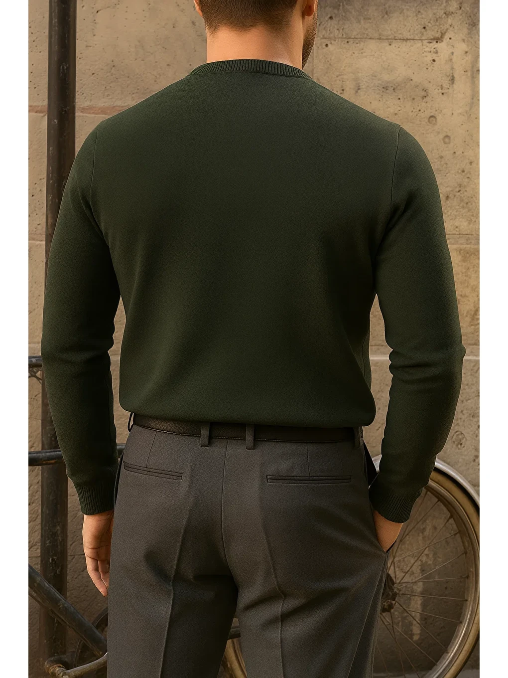 Erkek Bisiklet Yaka Slim Fit Haki Kazak-4