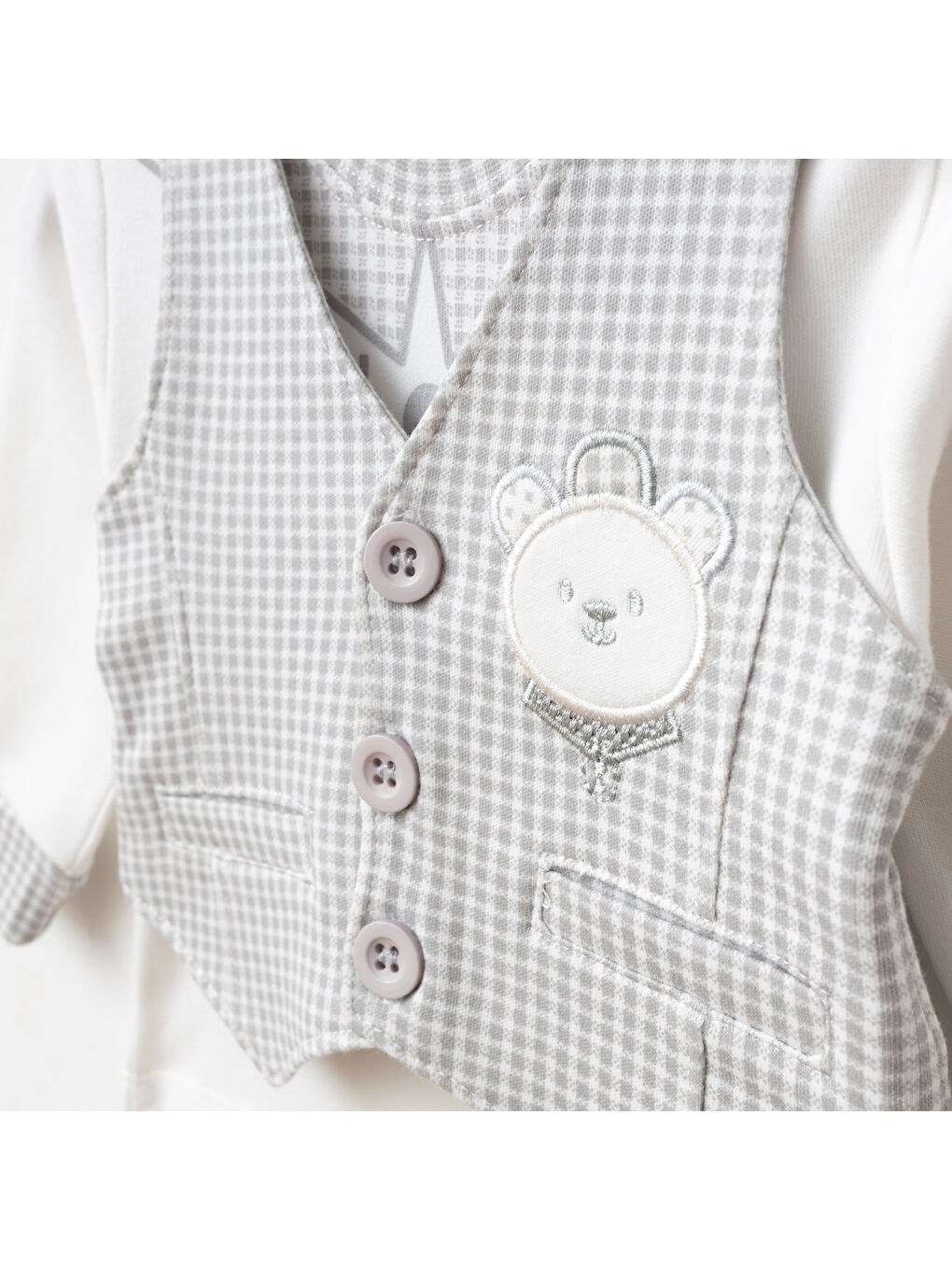 Gri Erkek Bebek Ayı Nakışlı Sweatshirt Yelek Pantolon 3 'lü Alt Üst Bebek Takımı 0 Ay - 6 Ay-1