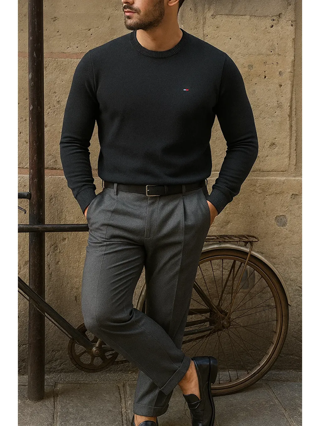 Gri Erkek Bisiklet Yaka Slim Fit Füme Kazak-3