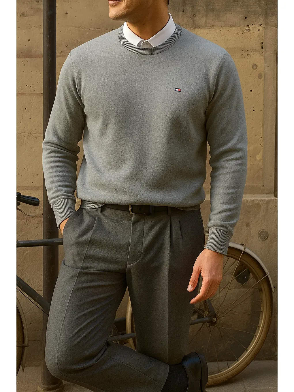 Erkek Bisiklet Yaka Slim Fit Gri Kazak-2