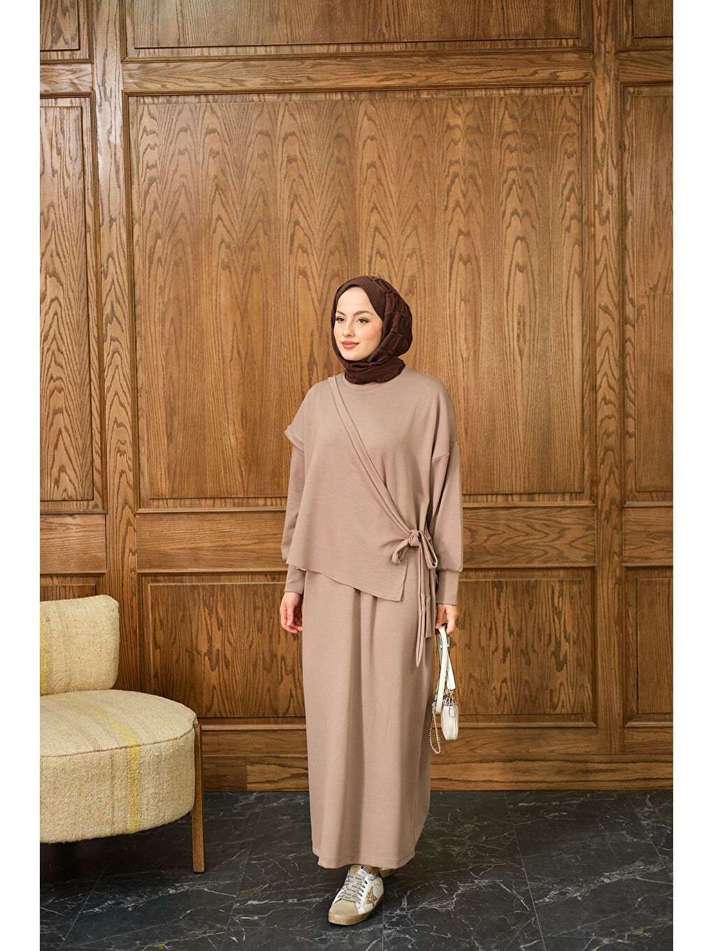 Bej Kadın Parça Bağlamalı Elbise Vizon-2