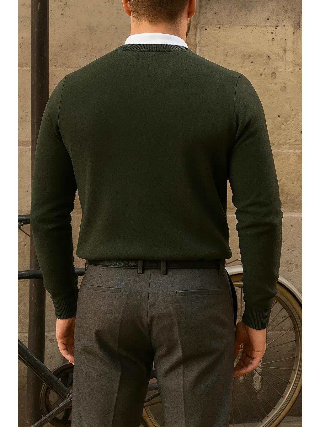 Erkek Bisiklet Yaka Slim Fit Haki Kazak-5