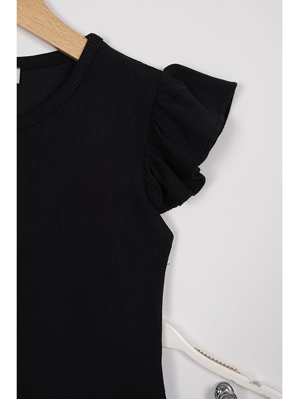 Siyah Kolları Fırfırlı Önü Düğme Aksesuarlı Kız Çocuk Taytlı Takım-1