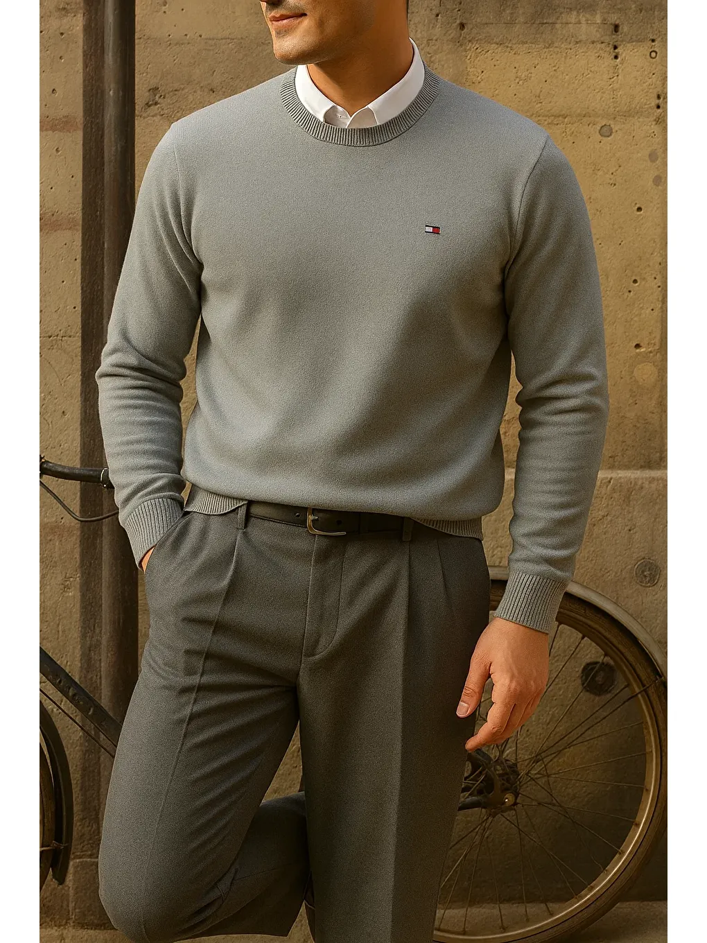 Erkek Bisiklet Yaka Slim Fit Gri Kazak-3