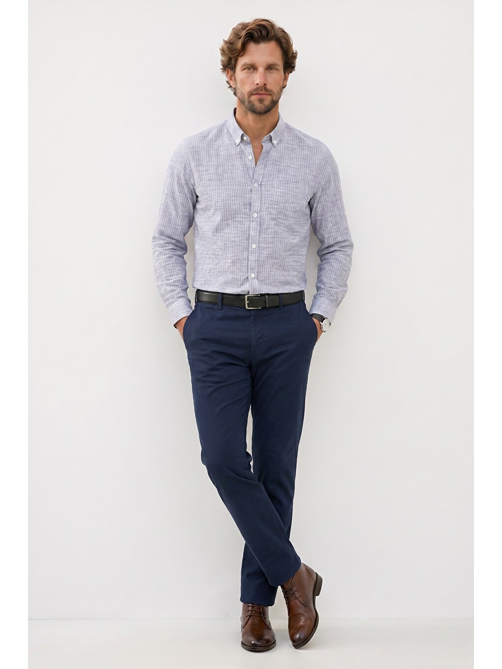 Erkek Slim Fit Dar Kesim %100 Pamuk Düğmeli Yaka Çizgili Uzun Kollu Cepli Keten Lacivert Gömlek-1