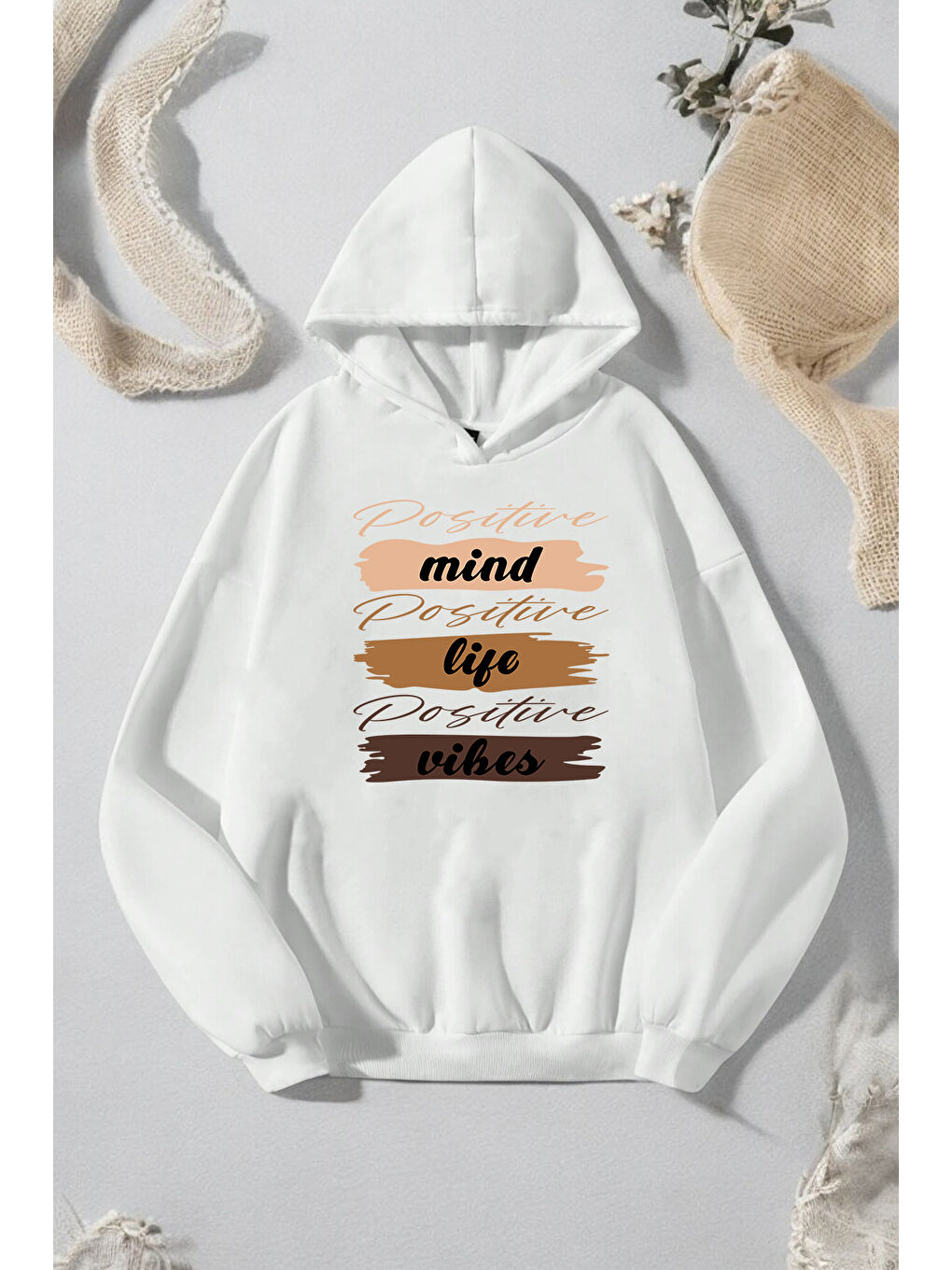 uyguntarz Beyaz Mind Life Vibes Baskılı Oversize Sweatshirt