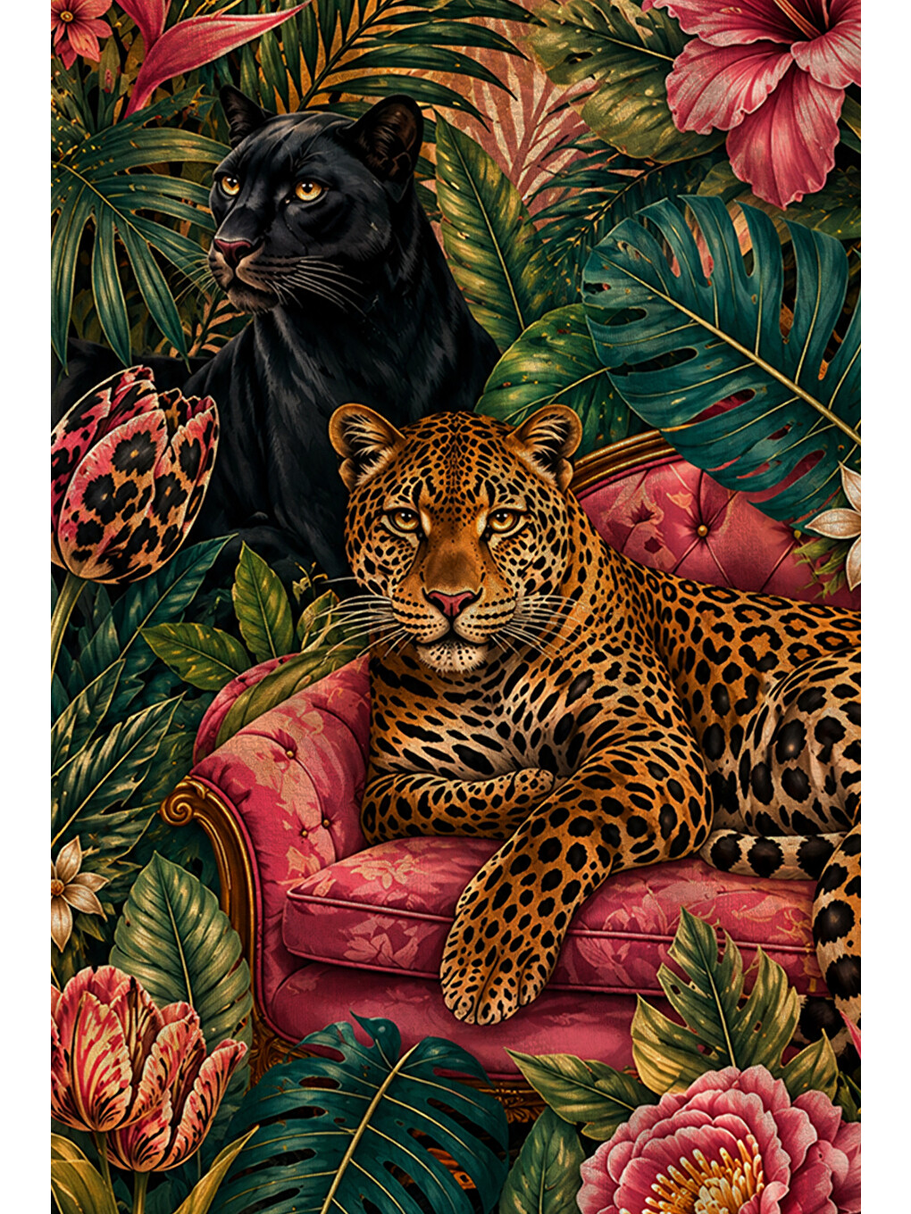 Yeşil Maximalist Leopar Tropikal Desenli 70x150 Plaj Havlusu - Dijital Baskılı Solmaz Banyo Havlusu-2