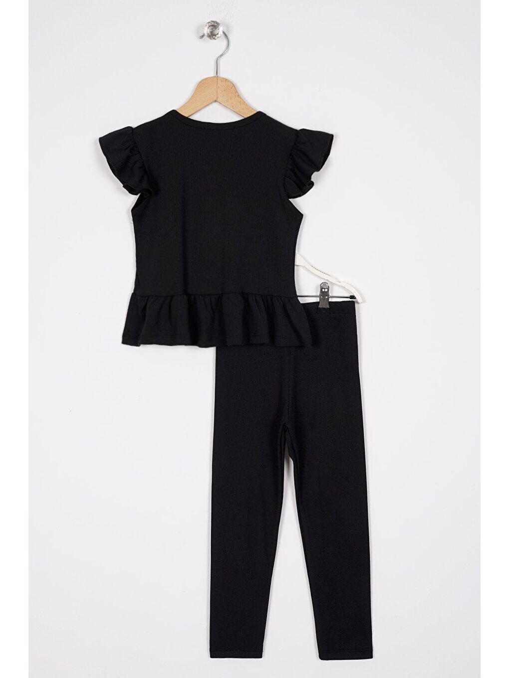 Siyah Kolları Fırfırlı Önü Düğme Aksesuarlı Kız Çocuk Taytlı Takım-2