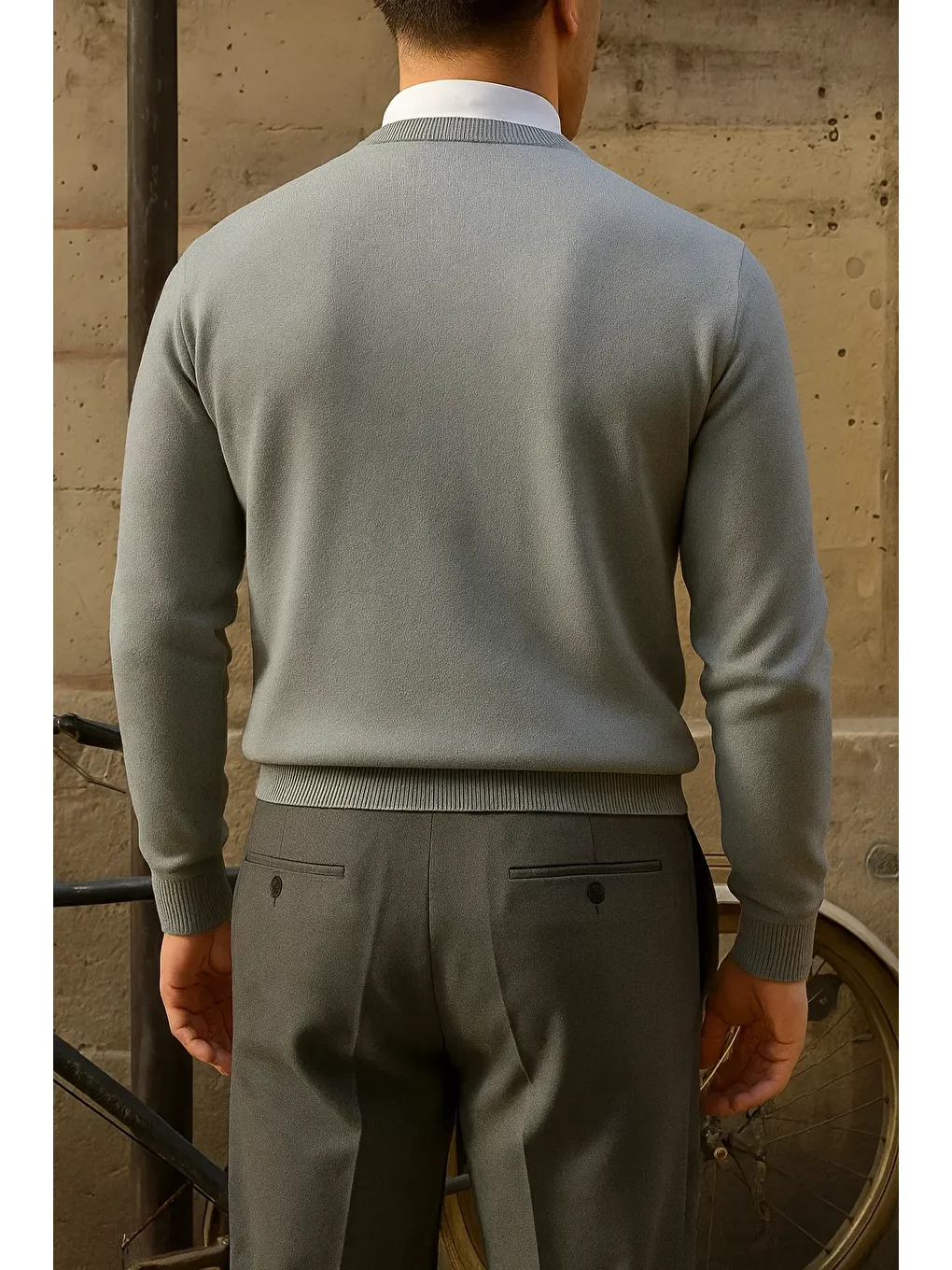 Erkek Bisiklet Yaka Slim Fit Gri Kazak-4