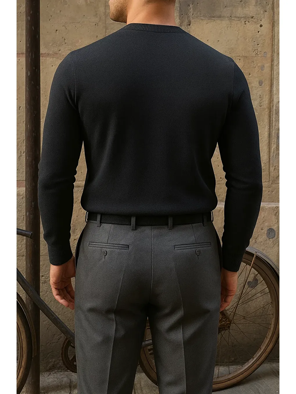 Gri Erkek Bisiklet Yaka Slim Fit Füme Kazak-4