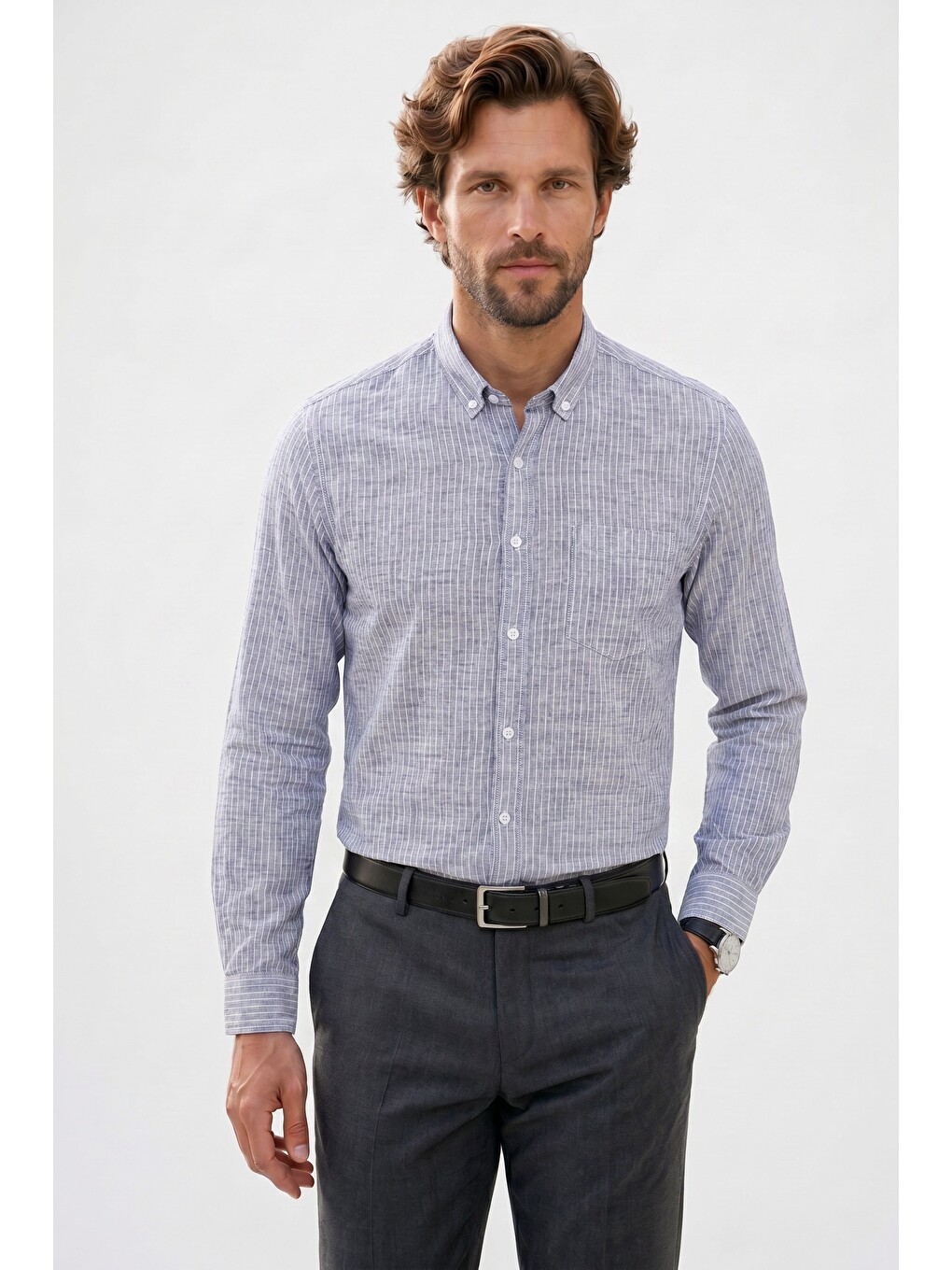 Erkek Slim Fit Dar Kesim %100 Pamuk Düğmeli Yaka Çizgili Uzun Kollu Cepli Keten Lacivert Gömlek-3