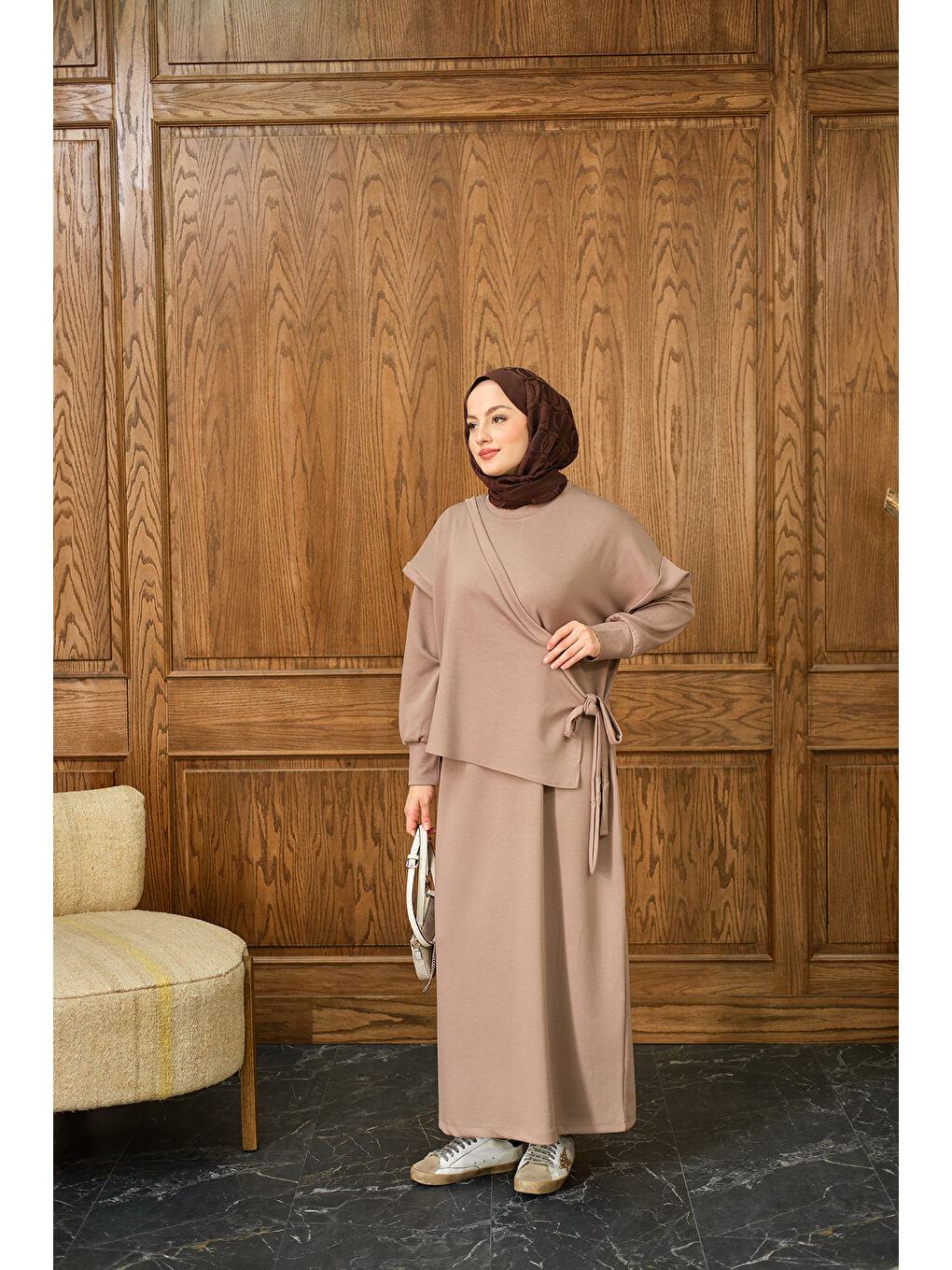 Bej Kadın Parça Bağlamalı Elbise Vizon-3