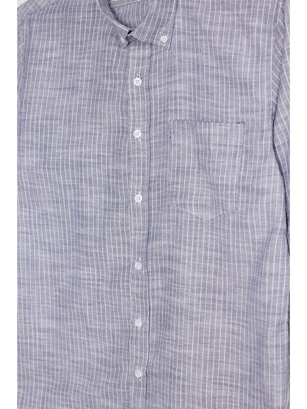 Erkek Slim Fit Dar Kesim %100 Pamuk Düğmeli Yaka Çizgili Uzun Kollu Cepli Keten Lacivert Gömlek-4