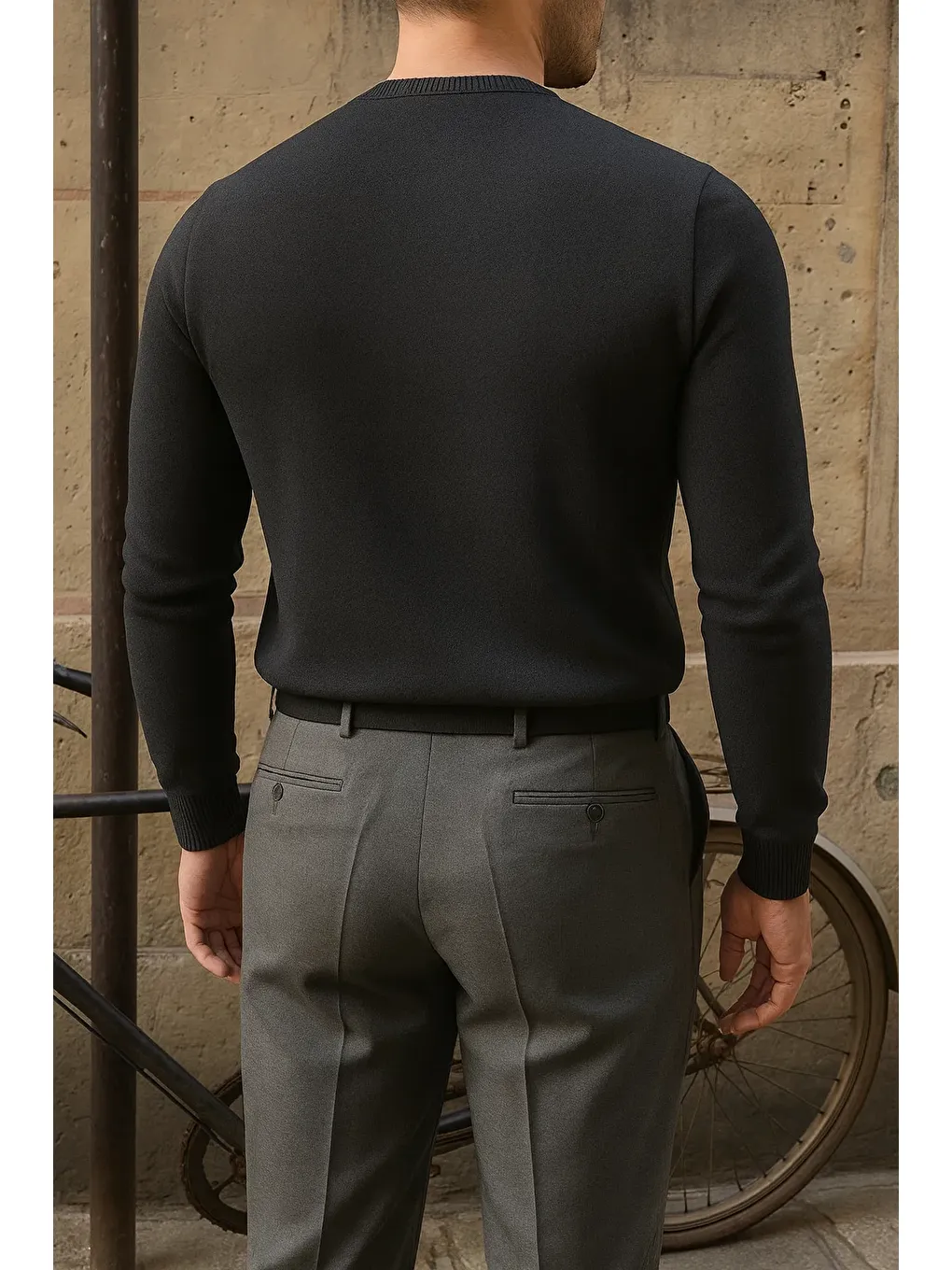 Gri Erkek Bisiklet Yaka Slim Fit Füme Kazak-5