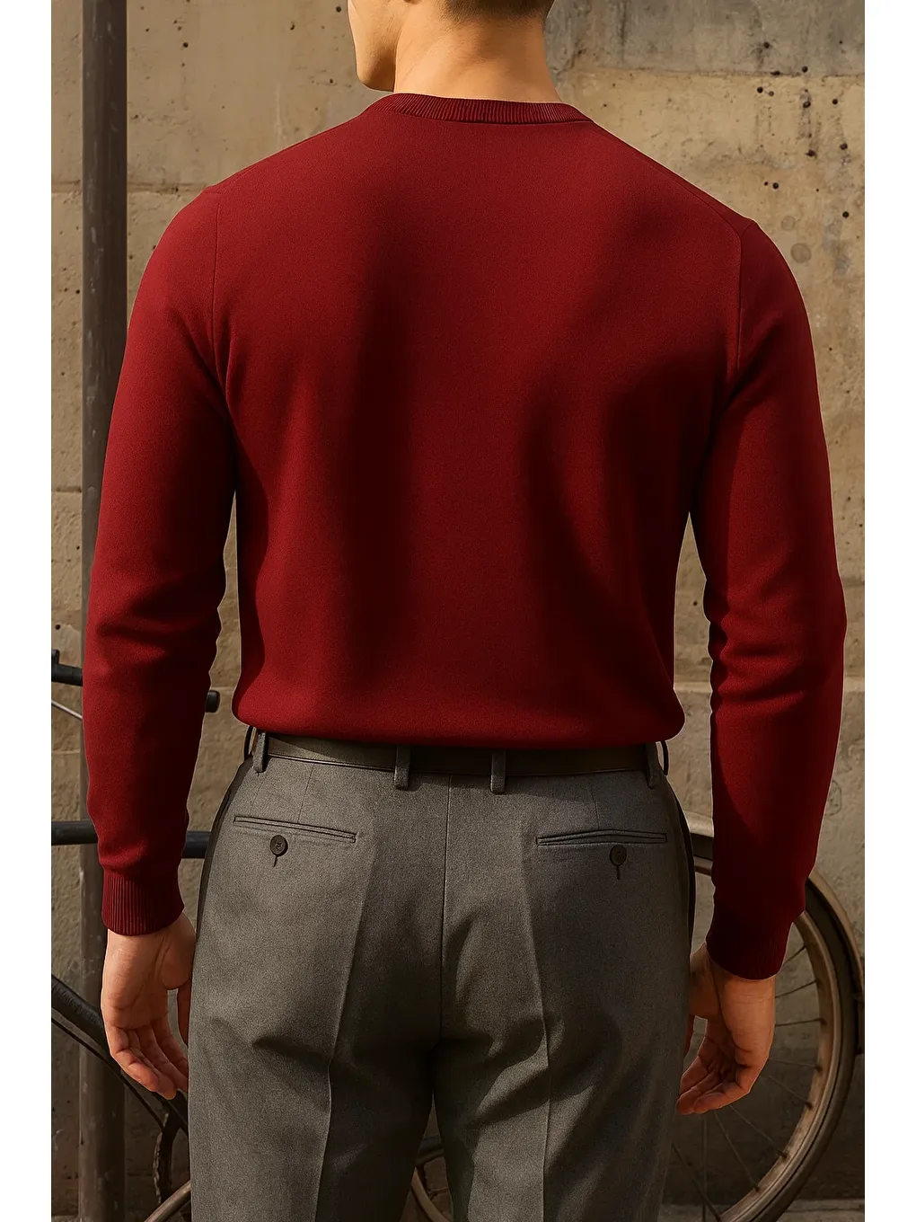 Erkek Bisiklet Yaka Slim Fit Bordo Kazak-4