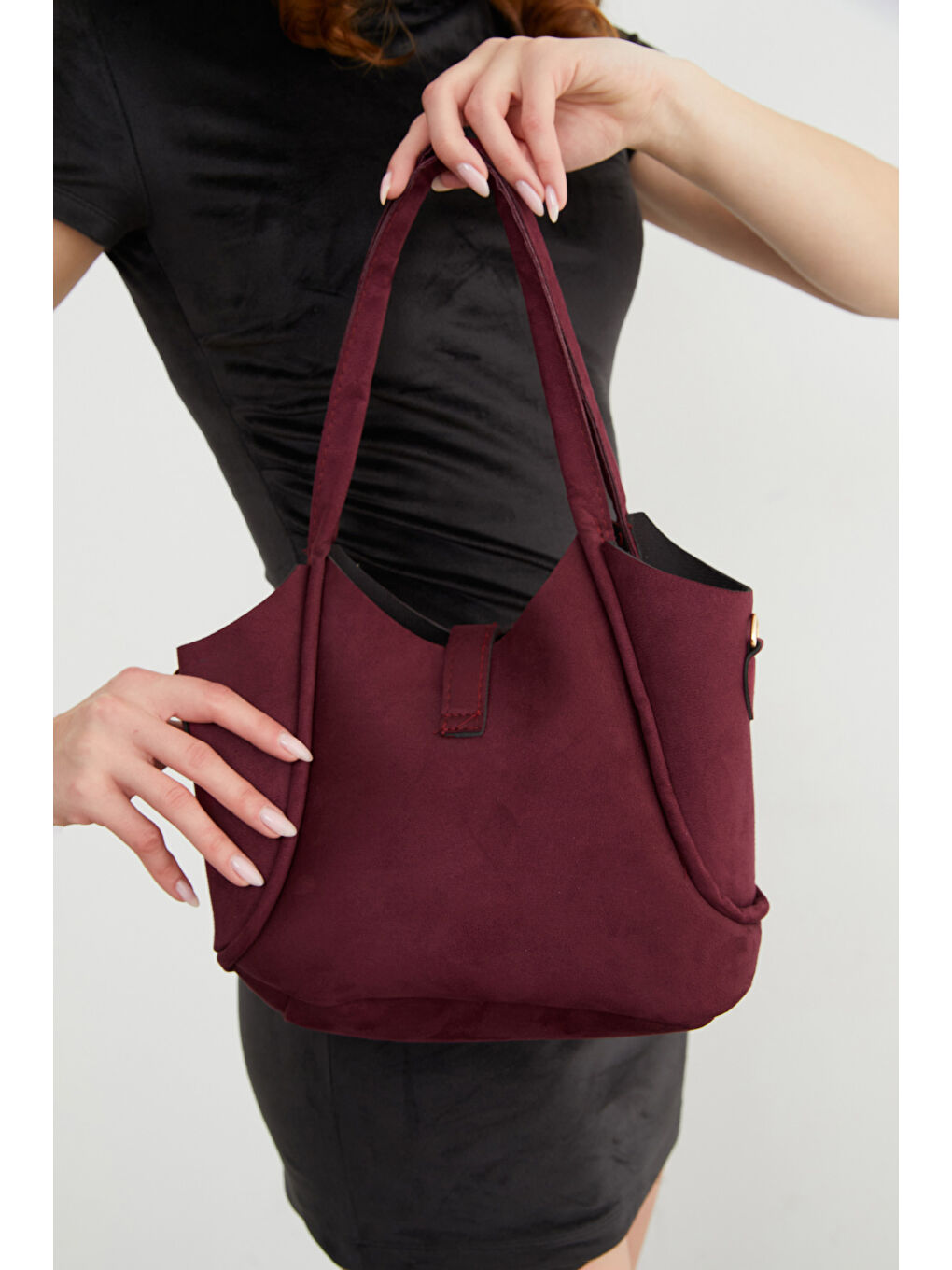 Mürdüm Suni Deri Fermuarlı Yavrulu Kol Çantası-3