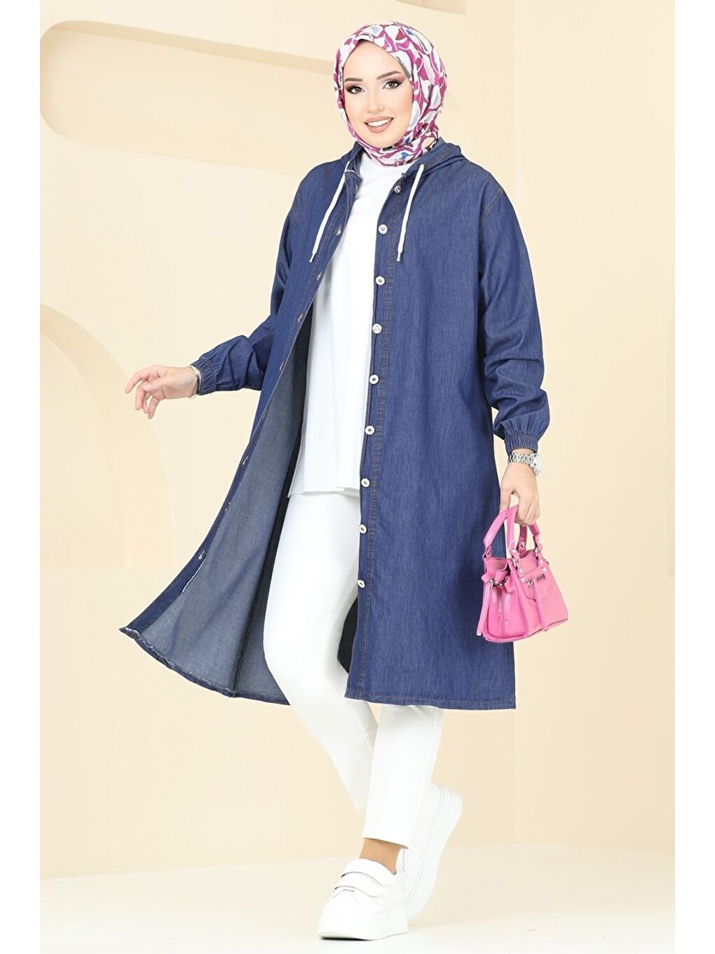 Kapüşonlu Düğmeli Denim Kap Mavi   26644-1