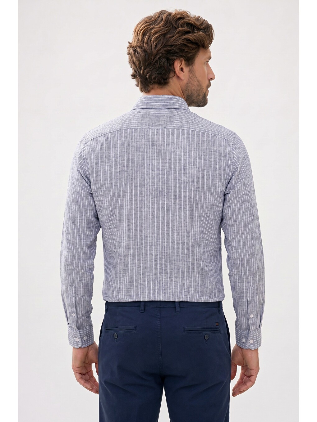 Erkek Slim Fit Dar Kesim %100 Pamuk Düğmeli Yaka Çizgili Uzun Kollu Cepli Keten Lacivert Gömlek-6