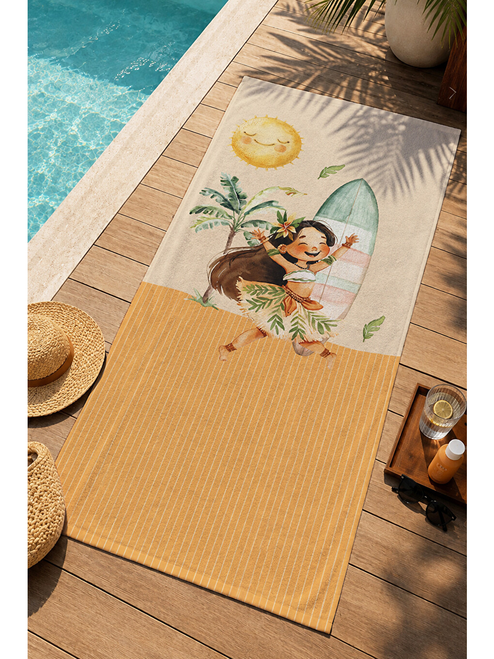 Mavi Retro Tropikal Sörfçü Kız Palmiye Sahil Desenli 70x150 Plaj Havlusu - Dijital Baskılı Banyo Havlusu-1