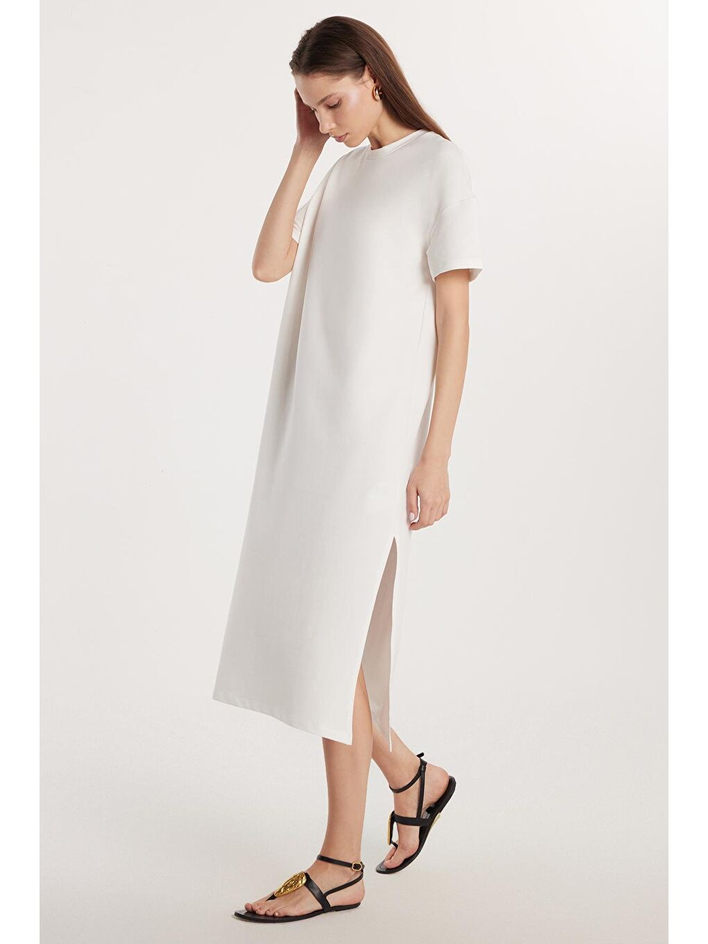 Kadın Regular Fit Kısa Kollu Esnek Kumaş Cepli Bisiklet Yaka Ekru Elbise-3