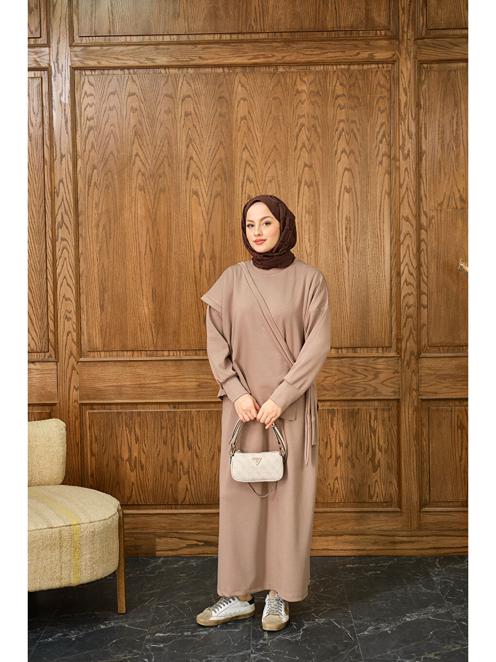 Bej Kadın Parça Bağlamalı Elbise Vizon-4