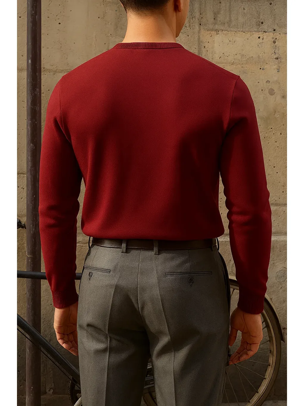 Erkek Bisiklet Yaka Slim Fit Bordo Kazak-5