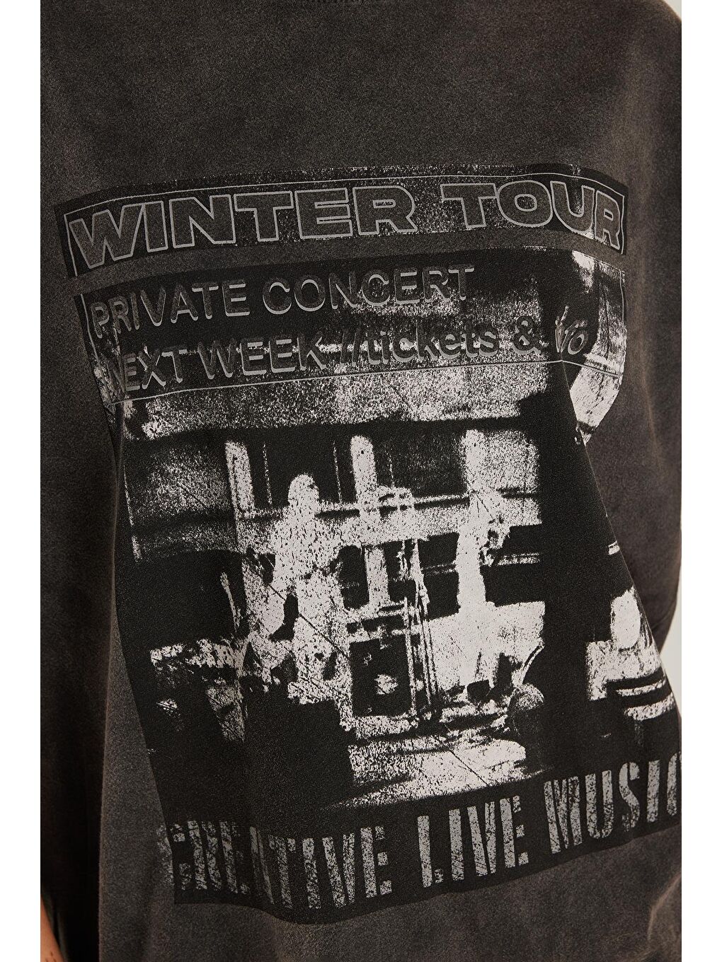 Kadın Relax Fit Rahat Kesim %100 Pamuk Kısa Kollu Bisiklet Yaka Baskılı Antrasit Tişört-2