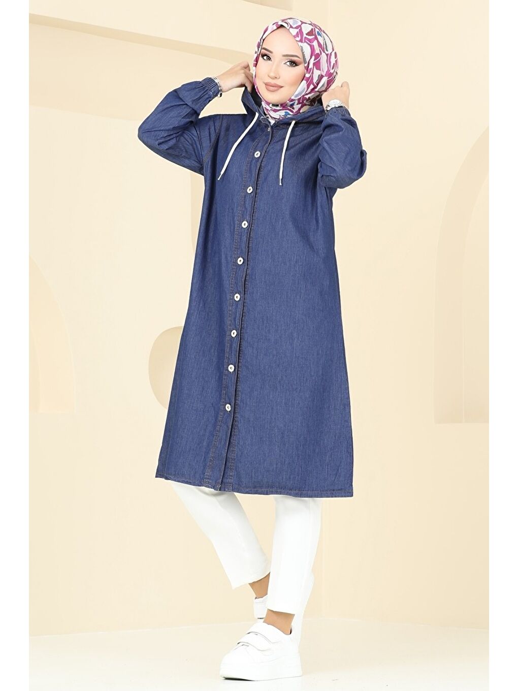 Kapüşonlu Düğmeli Denim Kap Mavi   26644-2