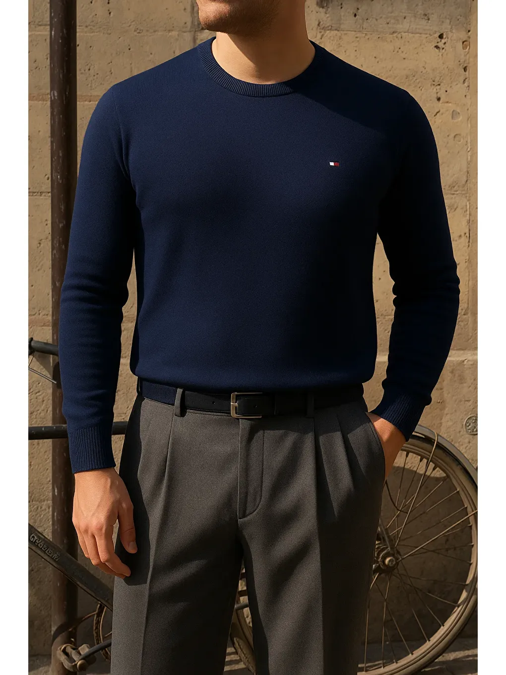 Erkek Bisiklet Yaka Slim Fit Lacivert Kazak