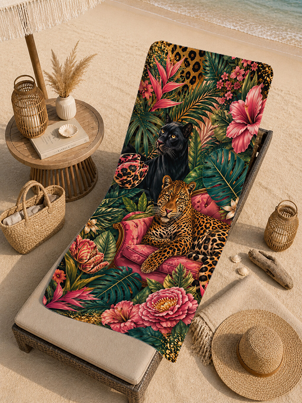 Yeşil Maximalist Leopar Tropikal Desenli 70x150 Plaj Havlusu - Dijital Baskılı Solmaz Banyo Havlusu-3