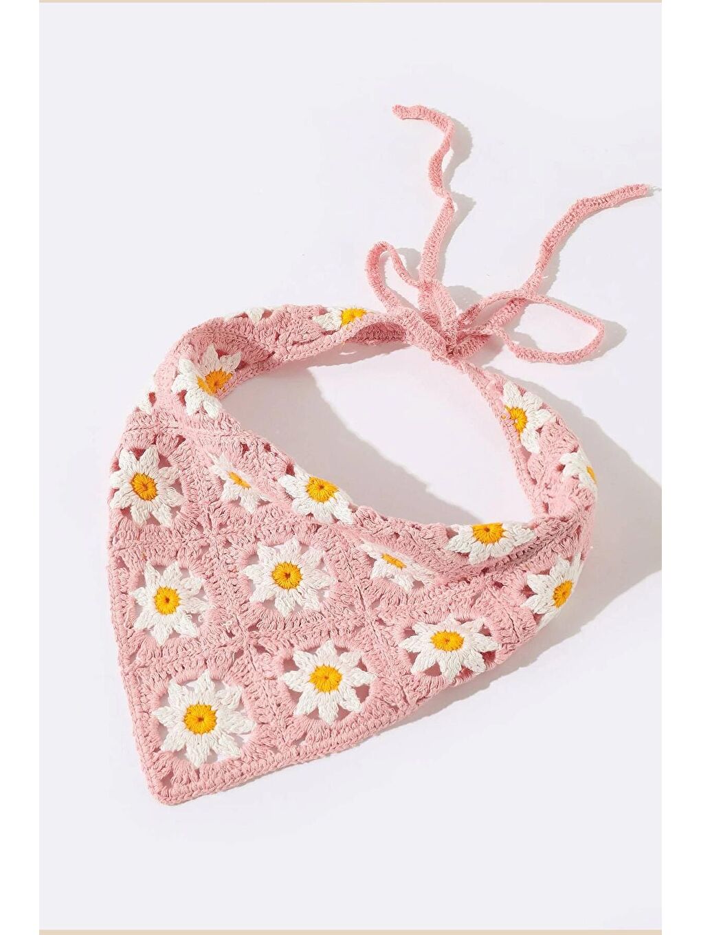 Pembe Missori Papatya Desenli Tığ Örgüsü Bandana-Saç Bandı