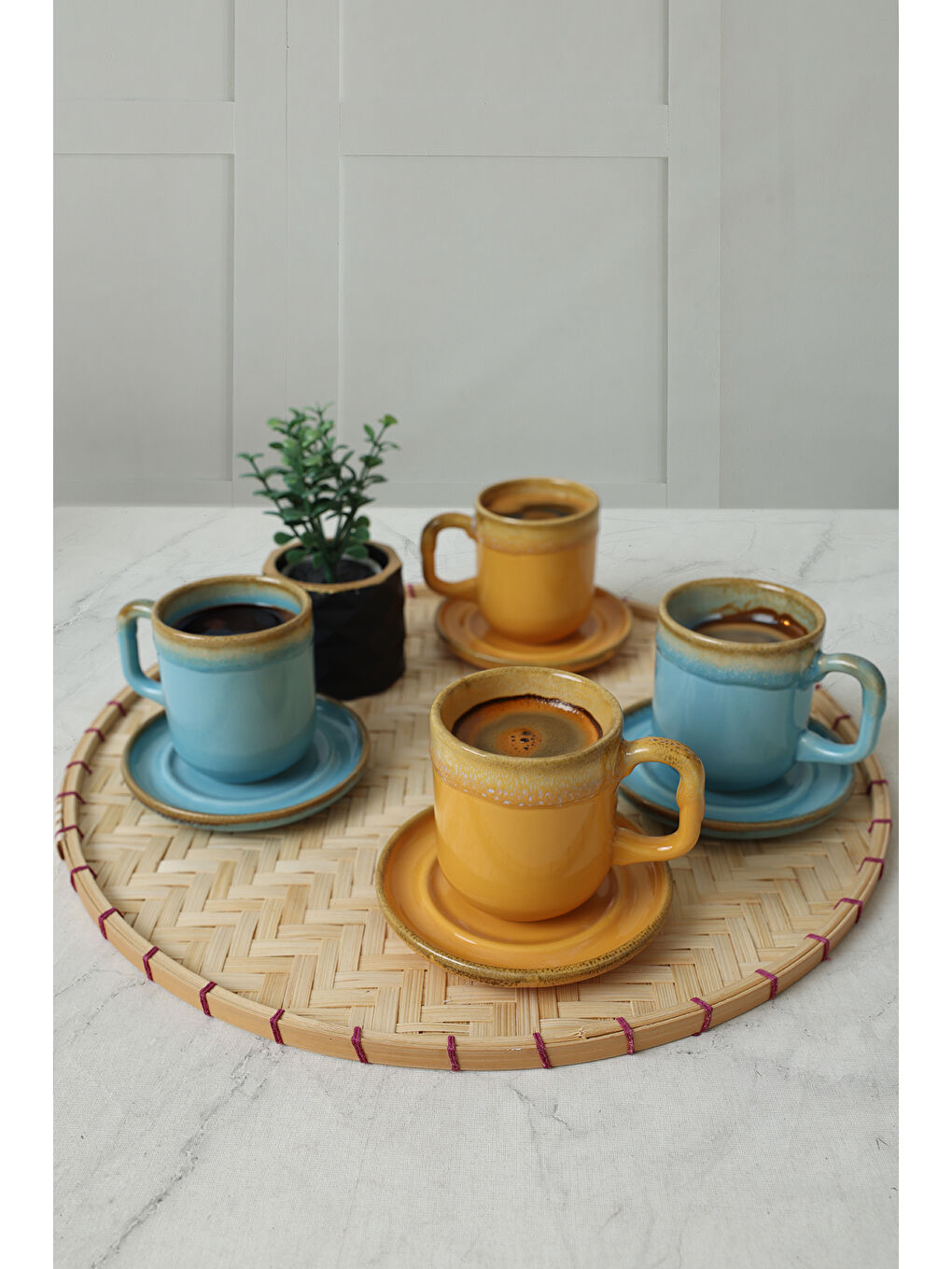 Karışık Shizen Sarı / Turkuaz Formart Kahve Takımı 8 Parça 4 Kişilik