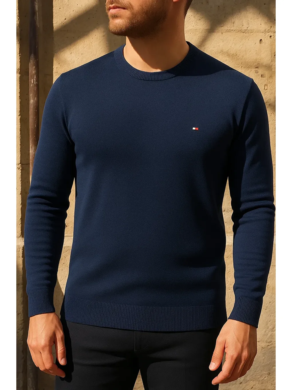 Erkek Bisiklet Yaka Slim Fit Lacivert Kazak-1