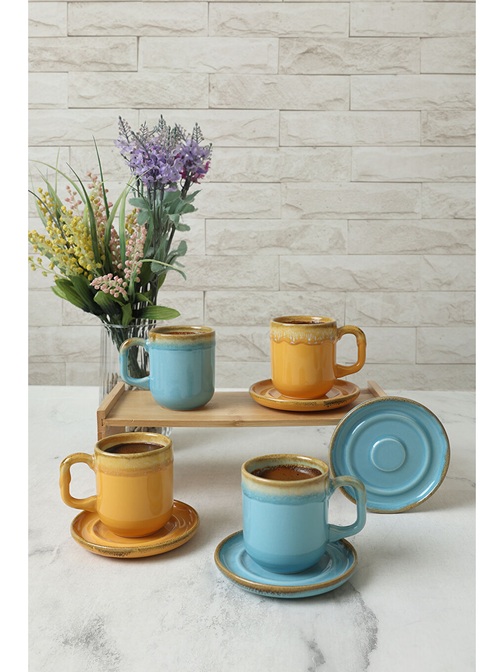 Karışık Shizen Sarı / Turkuaz Formart Kahve Takımı 8 Parça 4 Kişilik-1