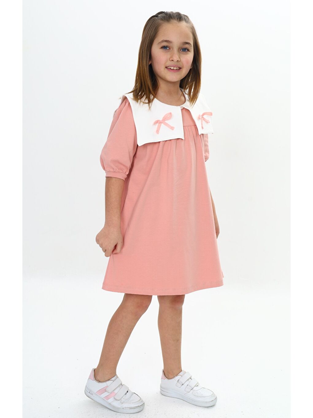 Pembe Kız Çocuk Yaka Detaylı Elbise-1