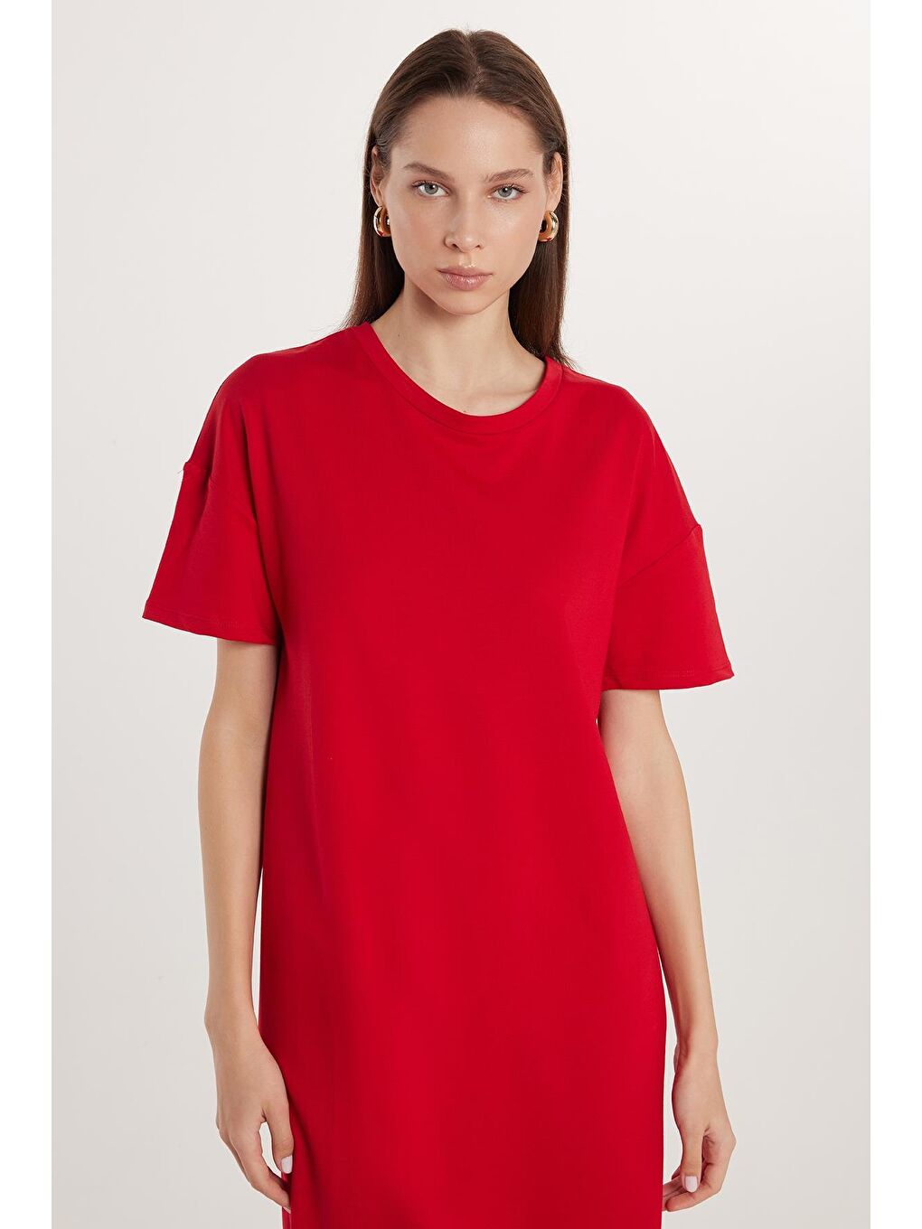 Kadın Regular Fit Kısa Kollu Bisiklet Yaka Kırmızı Elbise-1
