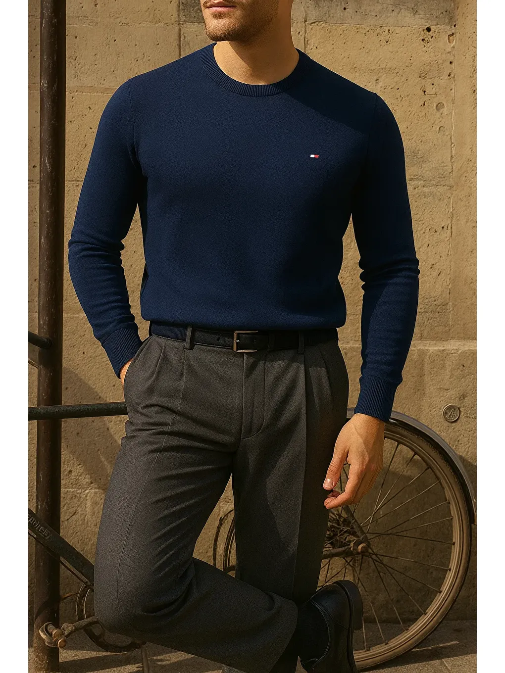 Erkek Bisiklet Yaka Slim Fit Lacivert Kazak-2