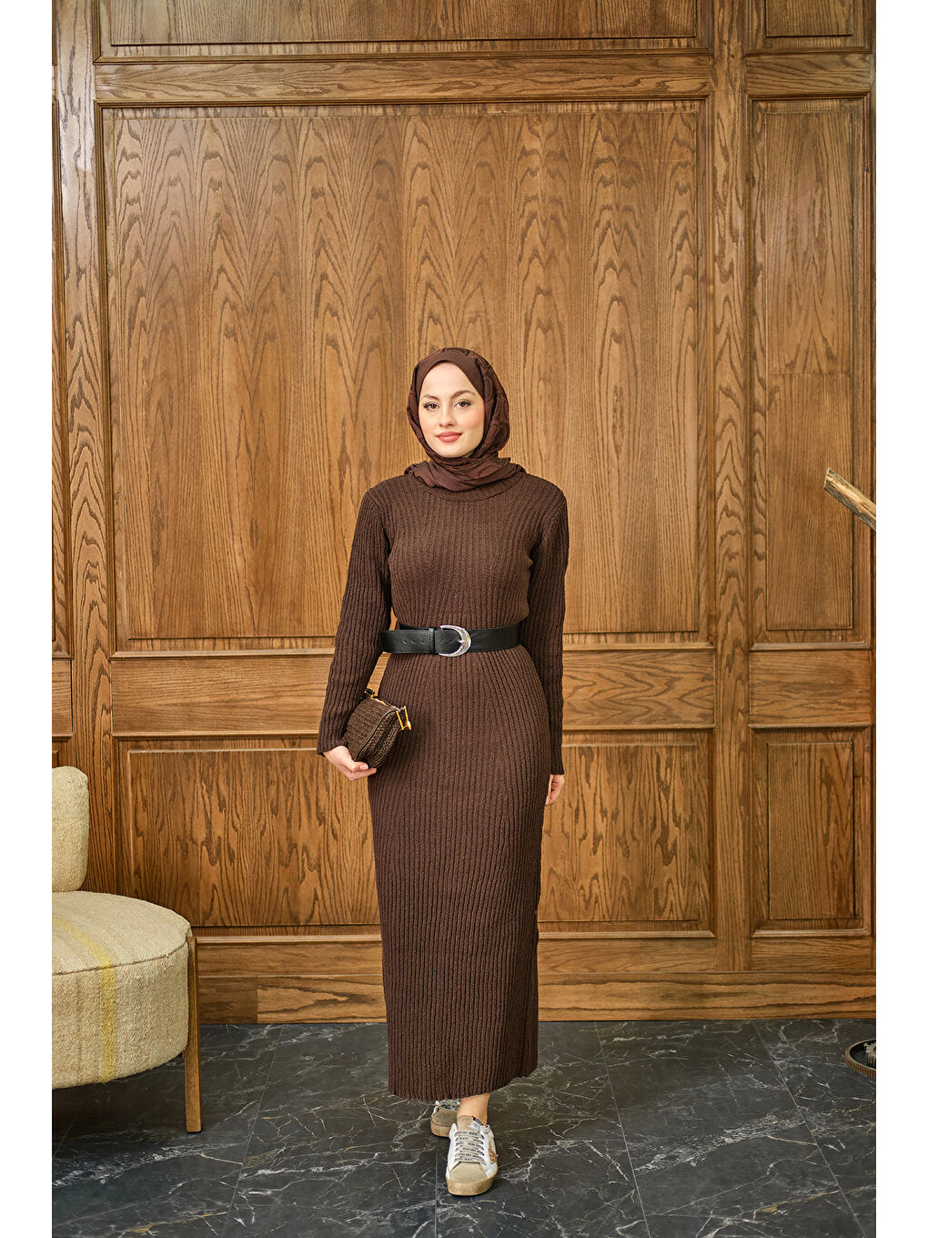 Kadın Bisiklet Yaka Triko Elbise Kahverengi