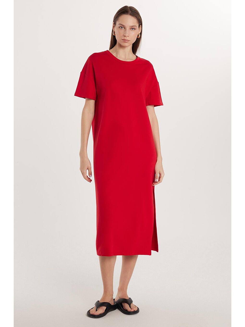 Kadın Regular Fit Kısa Kollu Bisiklet Yaka Kırmızı Elbise-3