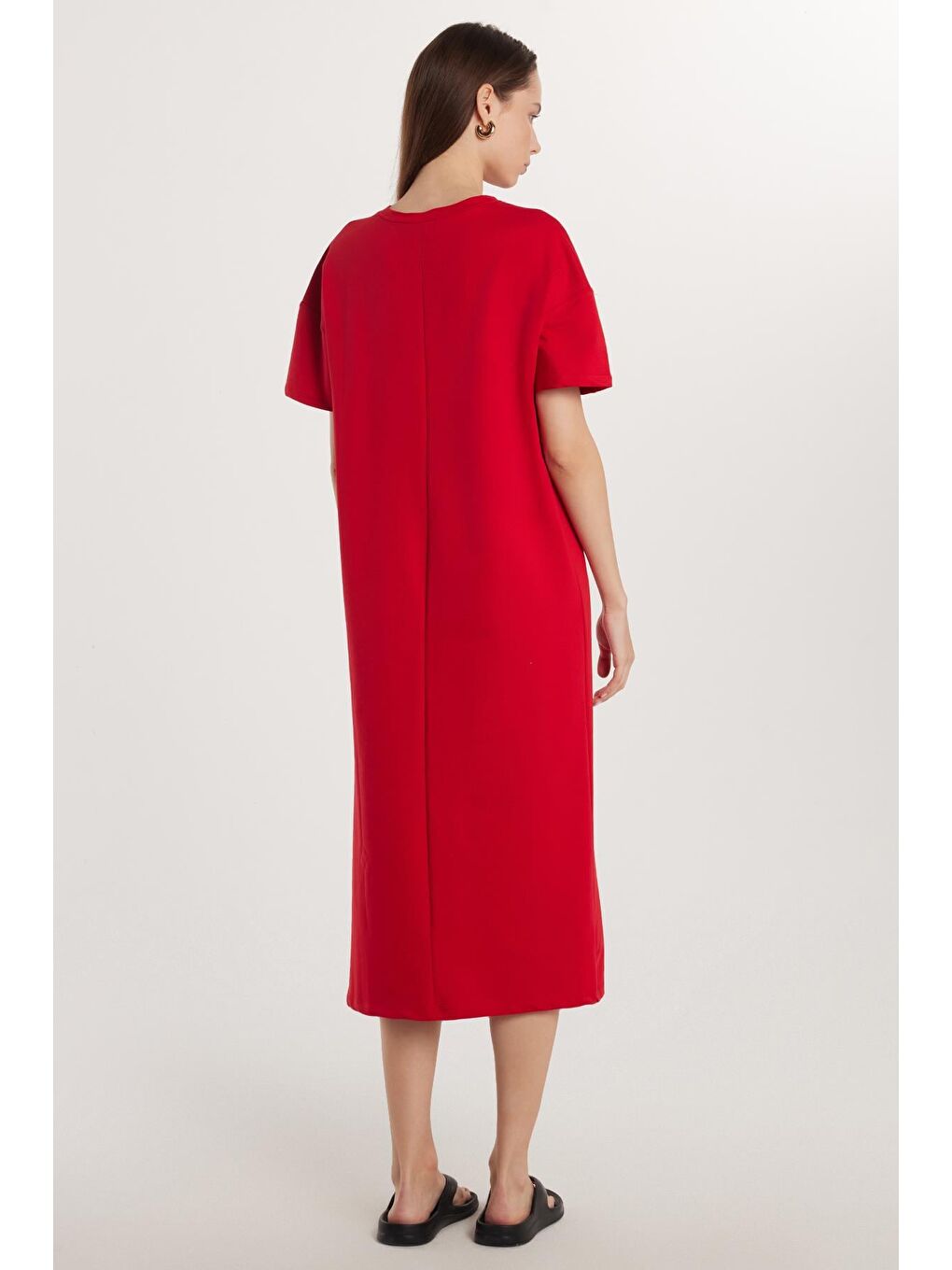 Kadın Regular Fit Kısa Kollu Bisiklet Yaka Kırmızı Elbise-4
